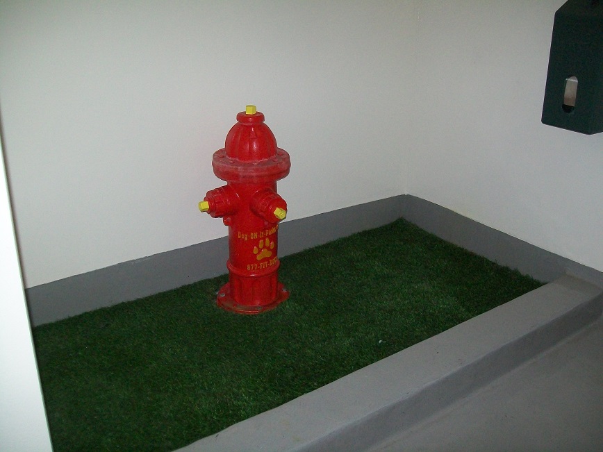 the decor consists of artificial grass and a plastic fire hydrant